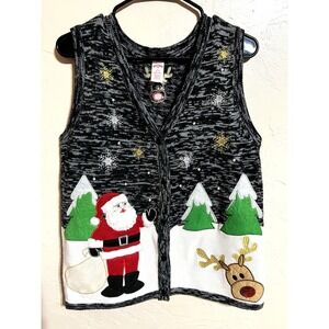 Holiday Time Christmas Sweater Vest Medium M Button Up V Neck Black Winter Santa